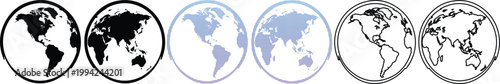 Collection of world map globe icons featuring solid black silhouettes, pixelated blue gradients, and minimalist line art outlines showing different perspectives of Earth.