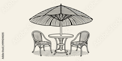 A sketch of a cafe table and chairs under a large parasol