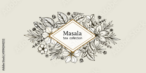 Elegant floral frame surrounds the word masala with tea collection text