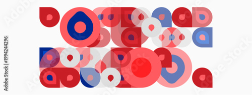 Abstract composition featuring overlapping circles, squares. Red, blue, pink hues dominate design. Minimalist, geometric patterns present.