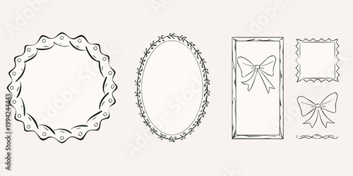 Hand drawn sketches of ornate frames and decorative bows in neutral tones