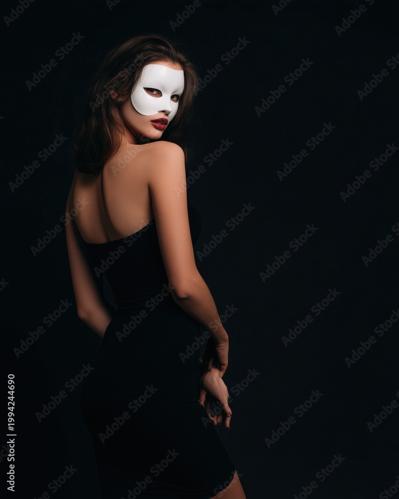 Fototapeta premium 白いマスクをつけた女性が黒いドレスを着て振り返っている姿。ファッションやミステリアスな雰囲気のポートレートに適した写真