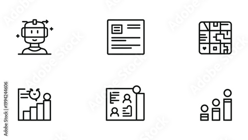 Digital Innovation: A suite of icons representing the forefront of digital innovation, encapsulating virtual reality, business profiles, and data analytics to the potential of futuristic landscapes.