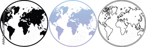 Set of three world map globe icons featuring a black silhouette, a blue pixelated gradient, and a simple line art outline for global business and travel concepts.