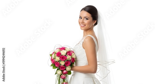 Radiant bride in a white wedding dress and veil, holding a vibrant bouquet of pink and white roses, smiling warmly