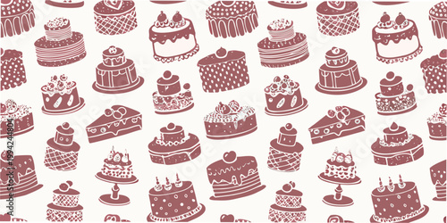 A repeating pattern of hand drawn cakes and slices in reddish tones