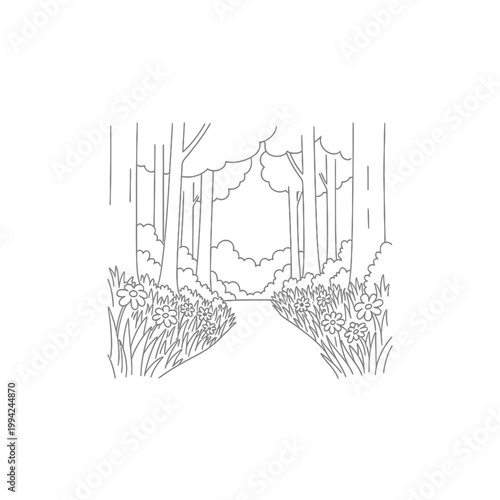 Forest path with flowers coloring book illustration
