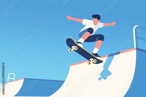 Illustration Of A Young Male Skateboarder In The Air Above A Skate park Runway Vector Design Template