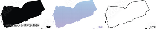 Set of Yemen country maps including solid black silhouette, pixelated blue gradient version, and simple black outline isolated on white background.