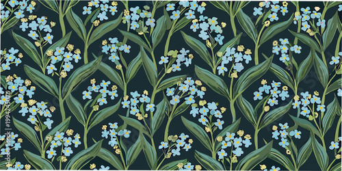 Seamless floral pattern featuring delicate forget me not flowers and green leaves