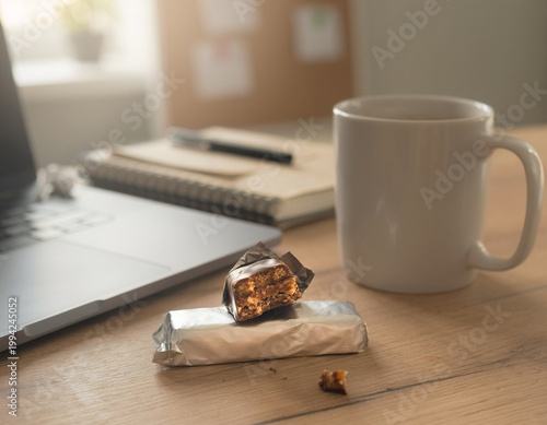 A cluttered desk with a laptop and chocolate bar on a table indoors