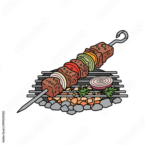 Grilled meat and vegetable kebab on charcoal BBQ grill illustration