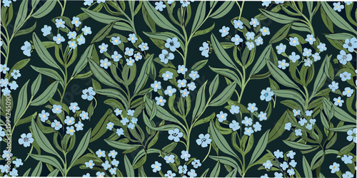 A seamless floral pattern featuring delicate forget me not blossoms