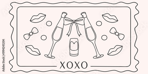 Celebratory illustration featuring champagne glasses lips and bows in pink