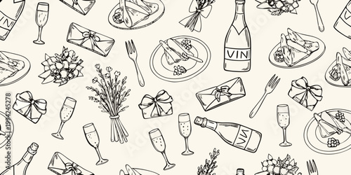 Celebratory sketch featuring cake champagne gifts and floral arrangements