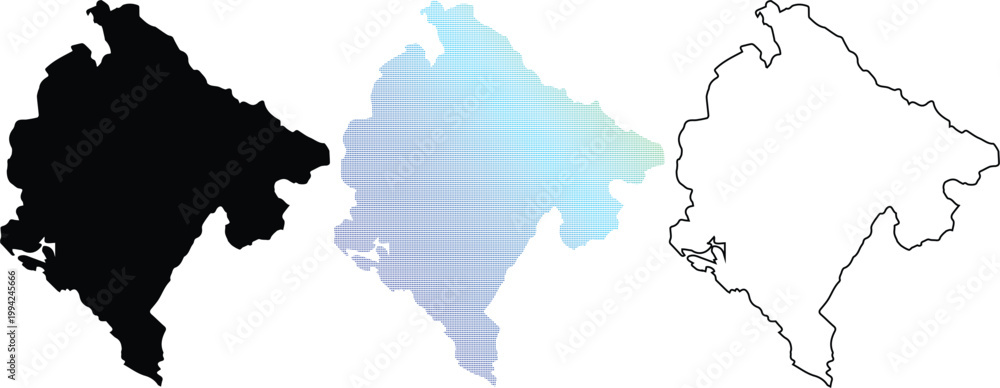 Obraz premium Map of Montenegro set featuring a solid black silhouette, a blue dotted pixel gradient version, and a simple black outline for geographic and travel design projects.