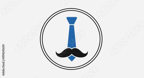 Blue tie and black mustache in a circular frame, symbolizing elegance and masculinity.