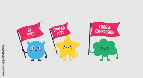 Bilde på lerret Cute Cartoon Characters Holding Inspirational Flags Promoting Kindness and Love