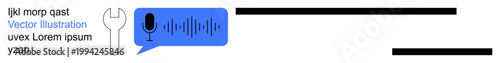 Speech recognition, voice technology, tool usage, sound analysis, tech assistance, communication. Microphone inside speech bubble with wrench icon. Speech recognition and voice technology focus