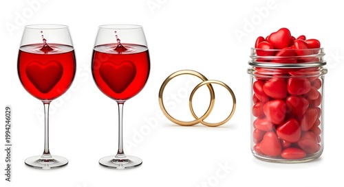 Romantic valentine's day composition: two wine glasses with red liquid and heart shapes, gold wedding rings, and a jar filled with heart candies