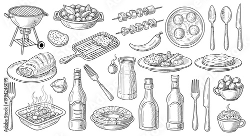 Delicious Barbecue and Grilling Essentials Sketch Collection.