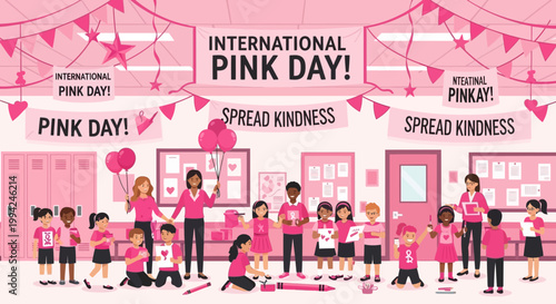 Diverse group of students and teachers celebrating International Pink Day spreading kindness.