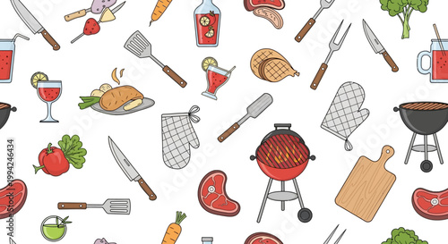 Seamless pattern with various barbecue and grilling items.
