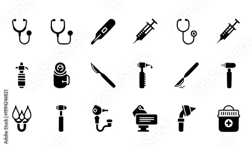 Medical and Healthcare Icon Set Featuring Stethoscope, Syringe, Thermometer, Oxygen Tank, Surgical Tools, First Aid Kit, and Hospital Equipment Vector Collection