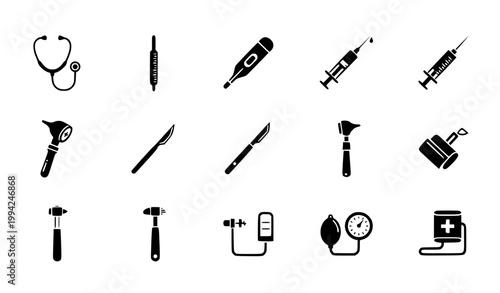 Medical and Surgical Icon Set Featuring Stethoscope, Thermometer, Syringe, Scalpel, Otoscope, Blood Pressure Monitor, and Healthcare Equipment Vector Collection