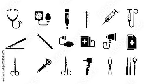 Medical and Healthcare Icon Set Featuring Stethoscope, Syringe, Thermometer, Surgical Tools, Blood Pressure Monitor, First Aid Kit, and Hospital Equipment Vector Collection