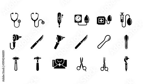 Medical and Surgical Tool Icon Set Featuring Stethoscope, Thermometer, Blood Pressure Monitor, Scalpel, Scissors, Otoscope, and Healthcare Equipment Vector Collection