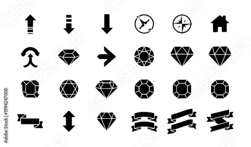 Navigation and Interface Icon Set Featuring Arrows, Direction Signs, Home Symbol, Diamond Shapes, UI Elements, and Modern Digital Navigation Vector Collection