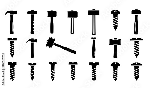 Hammer and Screw Icon Set Featuring Construction Tools, Carpentry Equipment, Hardware Elements, Nails, Fasteners, and DIY Repair Symbols Vector Collection