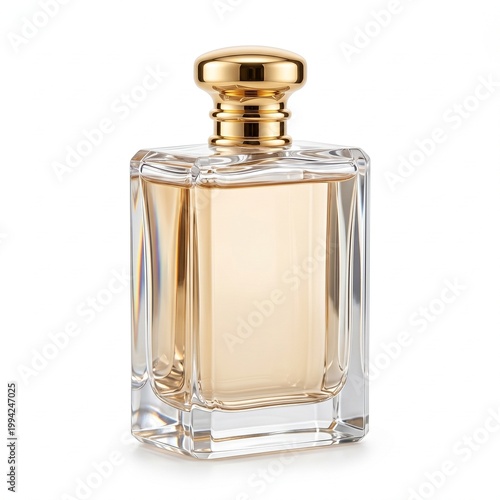 Elegant glass perfume bottle isolated on pure white background luxury
