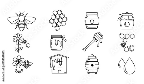 Honey and Beekeeping Icon Set Featuring Bee, Honeycomb, Jar, Honey Dipper, Hive, Flowers, and Organic Natural Sweet Food Vector Collection