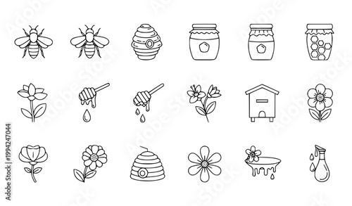 Honey and Beekeeping Line Icon Set Featuring Bee, Hive, Honey Jar, Dripping Honey, Flowers, Honeycomb, and Organic Natural Sweet Food Vector Collection