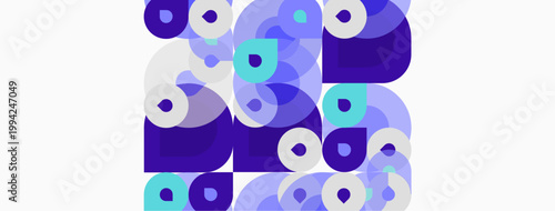 Abstract geometric pattern. Overlapping circles, squares create vibrant visual texture. Shades purple, teal dominate composition.