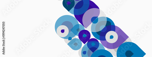 Abstract composition featuring overlapping circles, varying shades blue, purple. Minimalist design, clean lines, modern aesthetic.
