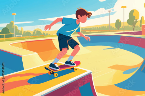 Illustration Of A Young Skateboarder About To Do A Trick On A Ramp Vector Design Template