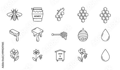 Honey and Beekeeping Icon Set Featuring Bee, Honeycomb, Jar, Dripping Honey, Hive, Flowers, and Natural Organic Sweet Food Vector Collection