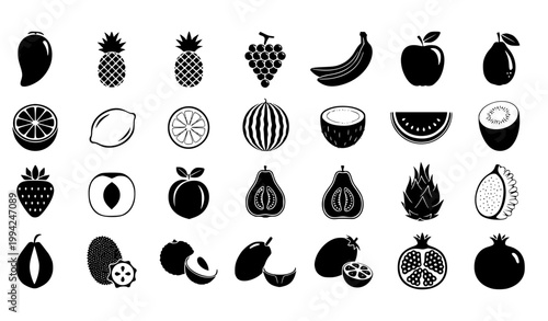 Tropical and Fresh Fruit Icon Set Featuring Mango, Banana, Pineapple, Grapes, Watermelon, Citrus, Fig, Pomegranate, and Healthy Food Symbols Vector Collection