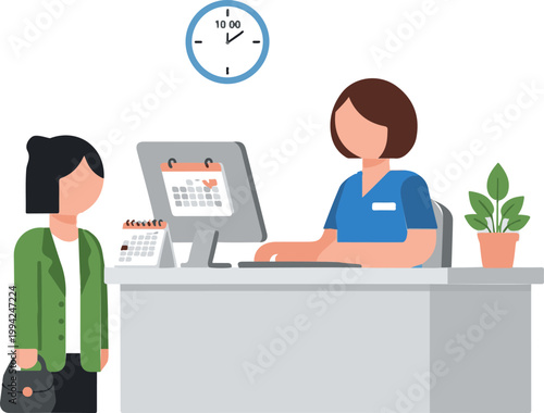 Professional receptionist at a desk assisting a visitor who is arriving for a scheduled medical appointment today