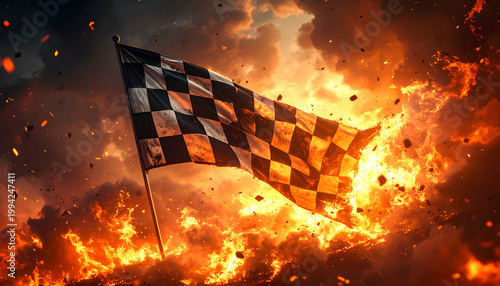 A dramatic image showcases a checkered racing flag waving against a backdrop of intense flames and fiery embers, symbolizing victory and high-stakes competition.