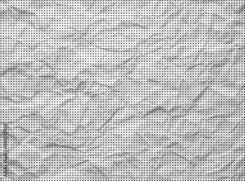 Halftone crumpled paper texture with a dotted, rough, and wrinkled surface. Black creased sheet background in comic pop-art style, featuring grainy folds and gritty distressed -
