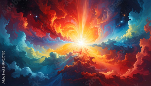A vibrant and swirling abstract artwork depicts a celestial explosion of color, resembling a cosmic nebula with intense light and dynamic cloud formations.