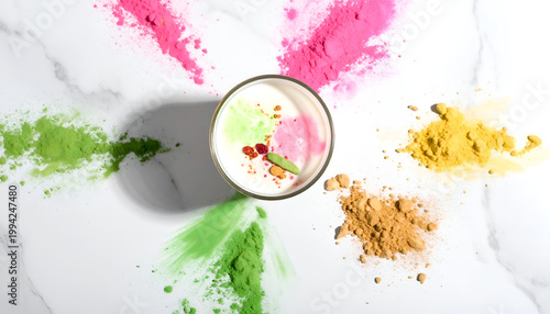 A vibrant overhead shot showcases a glass of creamy white liquid surrounded by colorful powders, creating a playful and artistic composition on a white marble surface.
