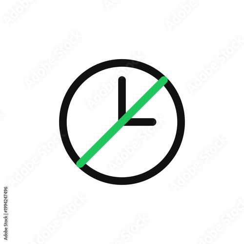 Minimal rate limit icon with clock inside circle and diagonal green line, modern flat design symbol for time restriction or request throttling on light background with copy space