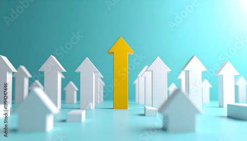 A vibrant yellow arrow stands out prominently among a row of white arrows, symbolizing growth and leadership against a calming blue backdrop.