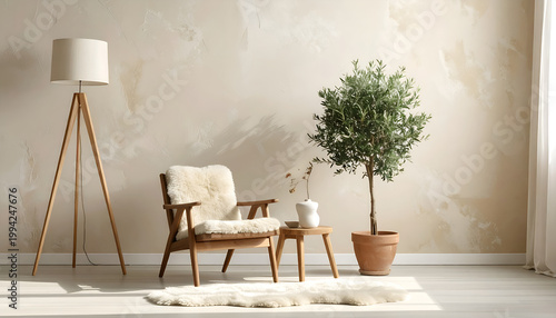 A cozy and inviting interior scene showcases a comfortable armchair, a stylish tripod lamp, and a potted plant, creating a serene and relaxing atmosphere.