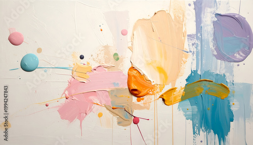A vibrant and textured abstract painting features bold strokes of color on a white canvas.